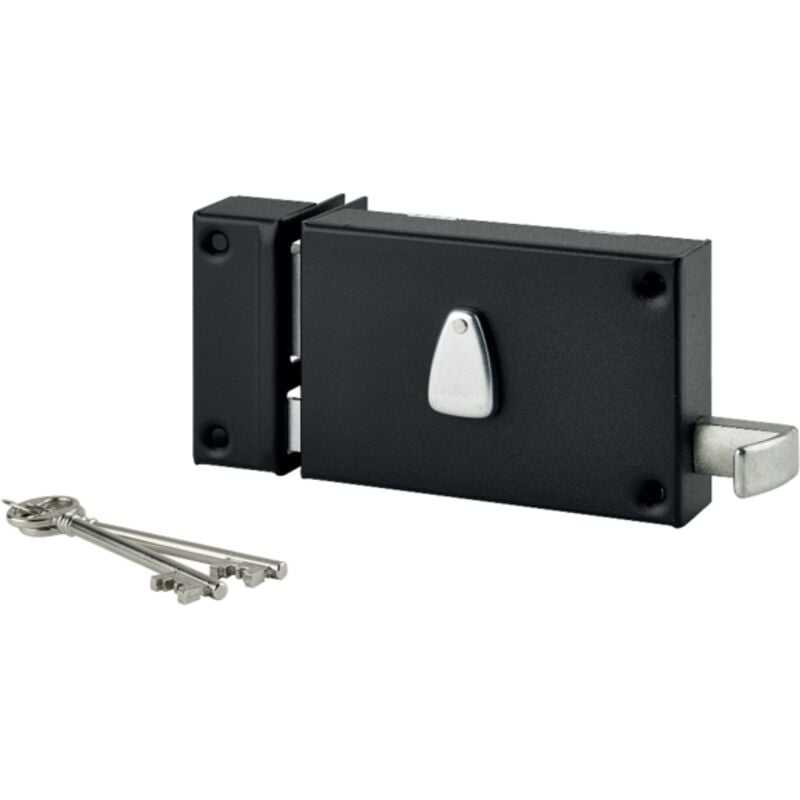 Serrure horizontale en applique 6 gorges à tirage pour entrée, gauche, axe 64mm, carré 7mm, 140x88mm, noir, 2 clés