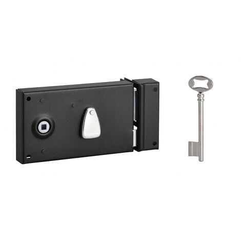 Serrure horizontale en applique à clé à fouillot pour porte de chambre, droite, axe 58mm, 140x82mm, noir, 1 clé