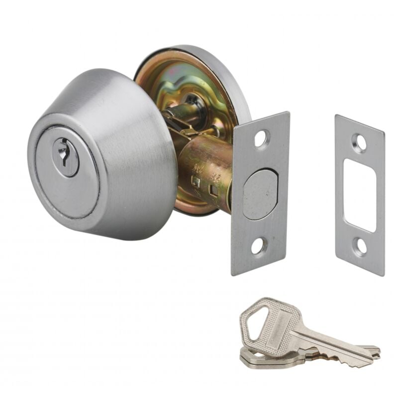 Serrure horizontale tubulaire en applique à bouton pour porte d'entrée, axe réglable, chromé, 3 clés