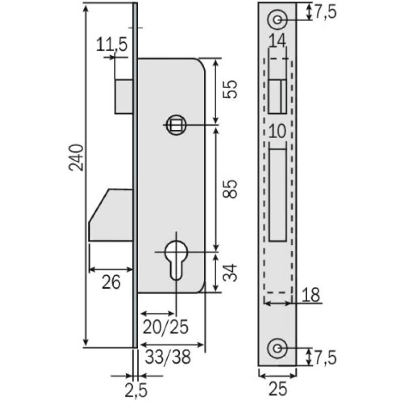Serrure à larder 1 point axe 20 mm - Têtière 25 mm - Pêne dormant et demi tour - a cylindre européen - 4210 mn - stremler