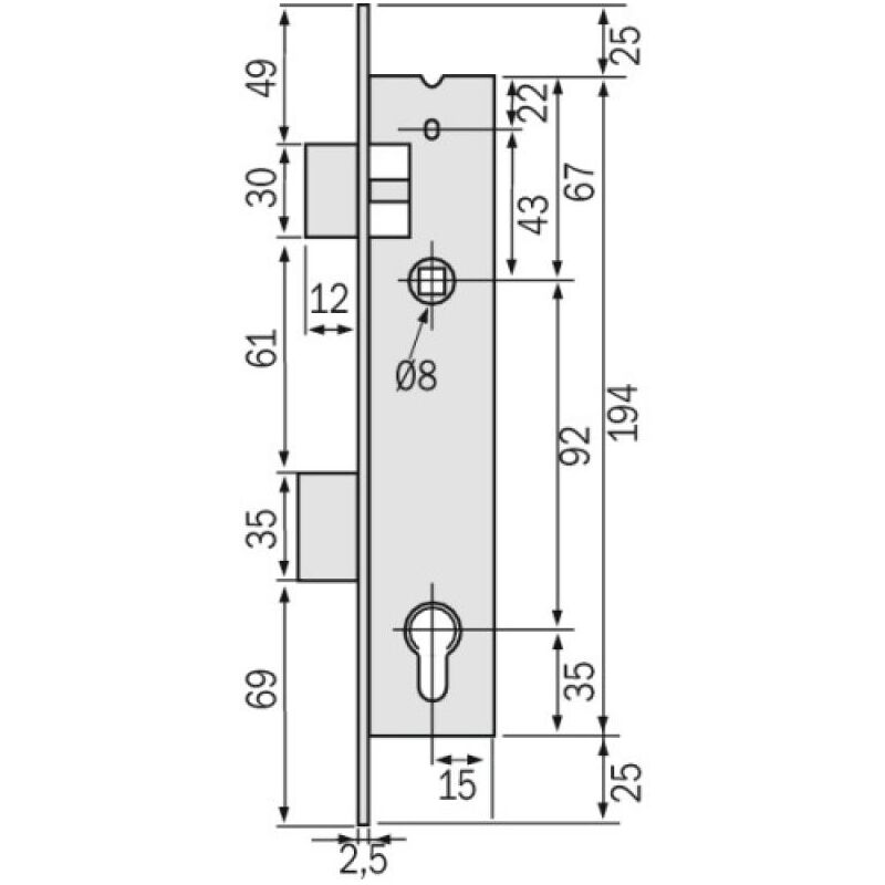 Serrure à larder 1 point à pêne dormant et demi-tour allongées de 5 mm axe 24 mm - entraxe 92 mm - 2260 - STREMLER