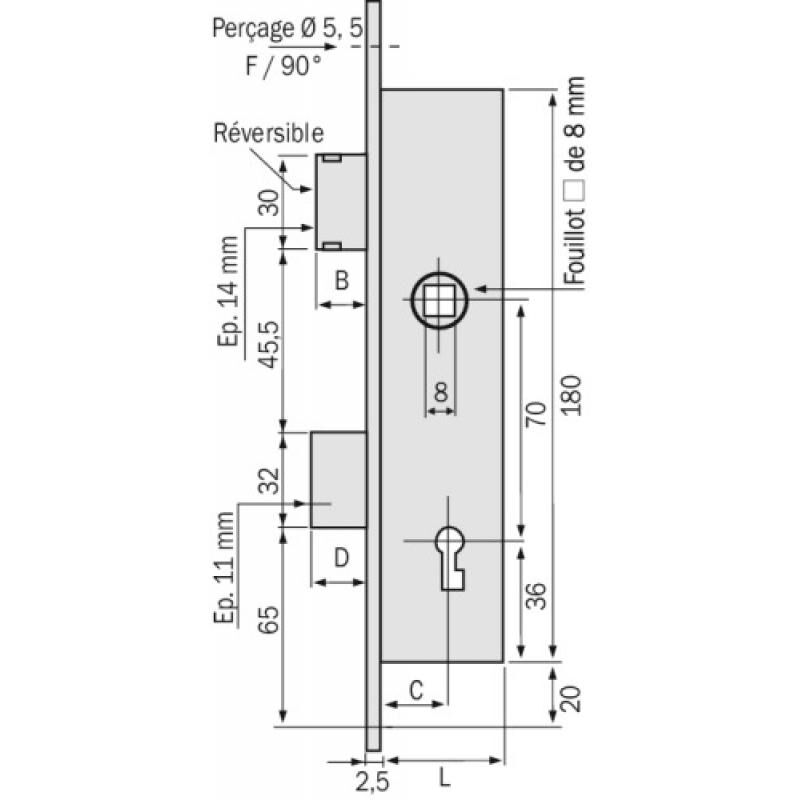 Serrure à larder 1 point pêne dormant et demi-tour à gorges axe 31 mm- Pour gâche électrique Métalux 2 - métalux