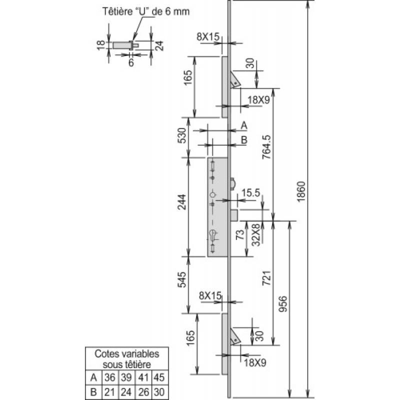 Serrure à larder 3 points axe 21 mm - Tétière 24 mm filante inox - Pêne dormant et rouleau - a cylindre européen - ma 72 - métalux