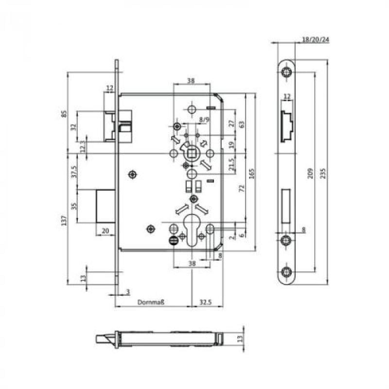 Serrure à larder axe à 55 mm carré de 8 mm têtière de 18 mm bouts ronds clé l gauche