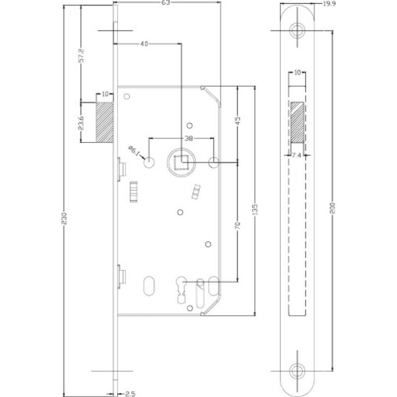 Serrure à larder à pêne magnétique b France clé l axe à 50 mm Bonaiti