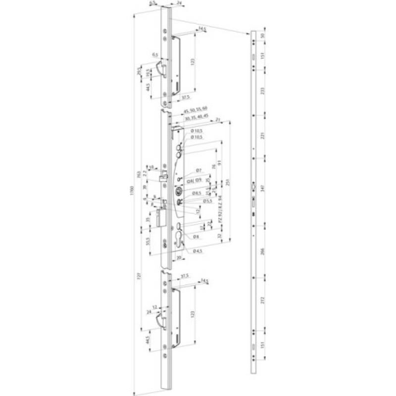 Serrure Médiator 3 points axe 55 mm entraxe 72 mm carré de 8/9 mm - eff eff
