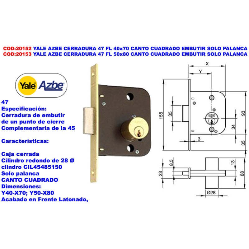Yale - Serrure à mortaise Azbe 47 fl 50x80 avec levier et carré