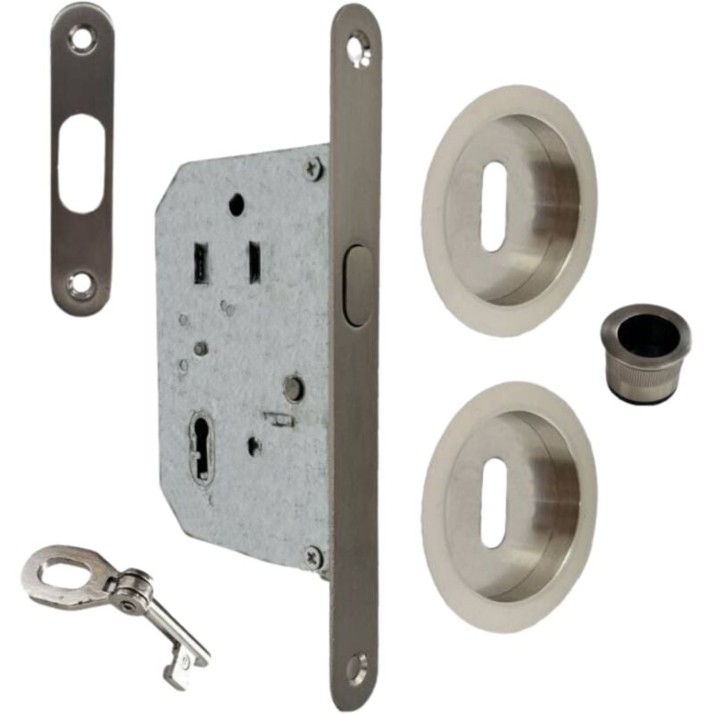 Secury-t - Serrure à crochet de porte coulissante rosaces + poignées + tire doigts