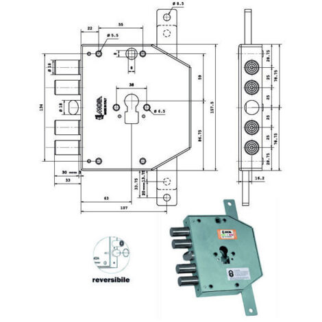 Serrure Sic.Triplex Droit Cil. E63 Rco654/250 Moia
