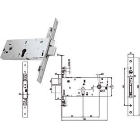 Serrure triple à mortaiser avec bandes à pêne dormant et pêne demi-tour 78H mm 94000 - 90 mm (Y9400090080)
