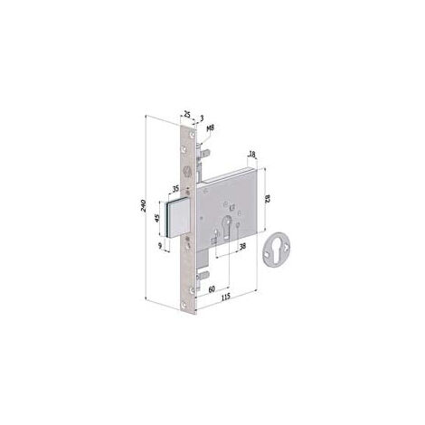 Serrure triple à mortaiser profil européen 3 coups 2053 - mm.60 (2053XZB6025)