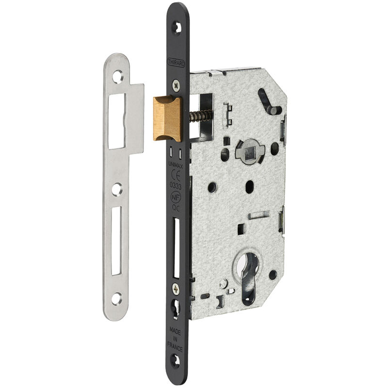 Serrure encastrable Unimax ce nf qc à cylindre pour porte d'entrée, axe50mm, bouts ronds, têtière noire