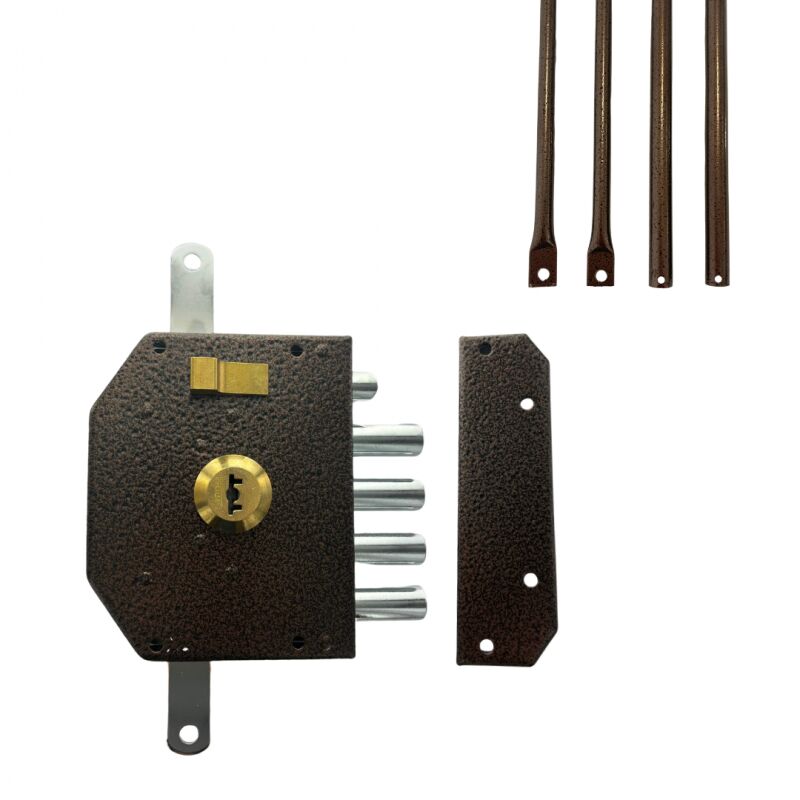 Serrure verticale en applique 5 points axe 60 mm - Marron - Droite - Cylindre Haute Sécurité 5 clés Secury-t