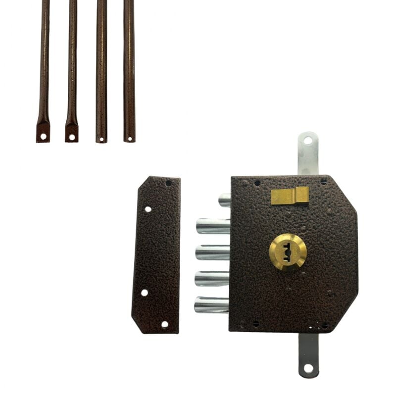 Serrure verticale en applique 5 points axe 60 mm - Marron - Gauche - Cylindre Haute Sécurité 5 clés - SECURY-T