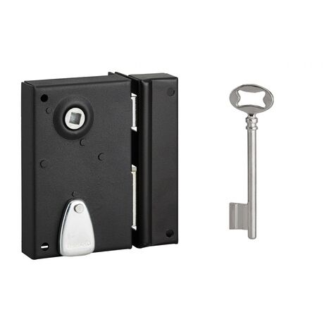 Serrure verticale en applique à clé à fouillot pour porte int., droite, carré 7mm, axe 40mm, 110x70mm, noir, 1 clé