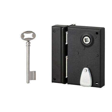 Serrure verticale en applique à clé à fouillot pour porte int., gauche, carré 7mm, axe 40mm, 110x70mm, noir, 1 clés-THIRARD