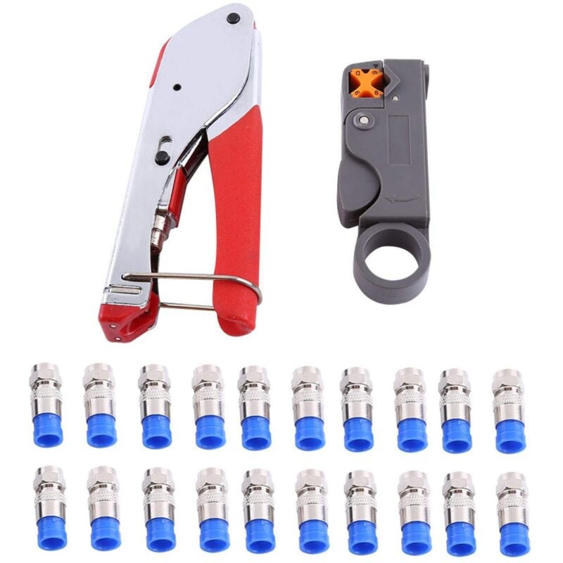 Jeffergarden Sertisseuse de câble coaxial Kit d'outils de compression coaxiale RG59 RG6 dénudeur de câble coaxial avec connecteur 20 pièces F (22