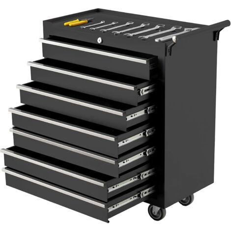 SERVANTE ATELIER - SERVANTE DE CHANTIER-24inch -7 TIROIR-NOIR-Spacieux Verrouillables avec Tapis Antidérapant Roulettes