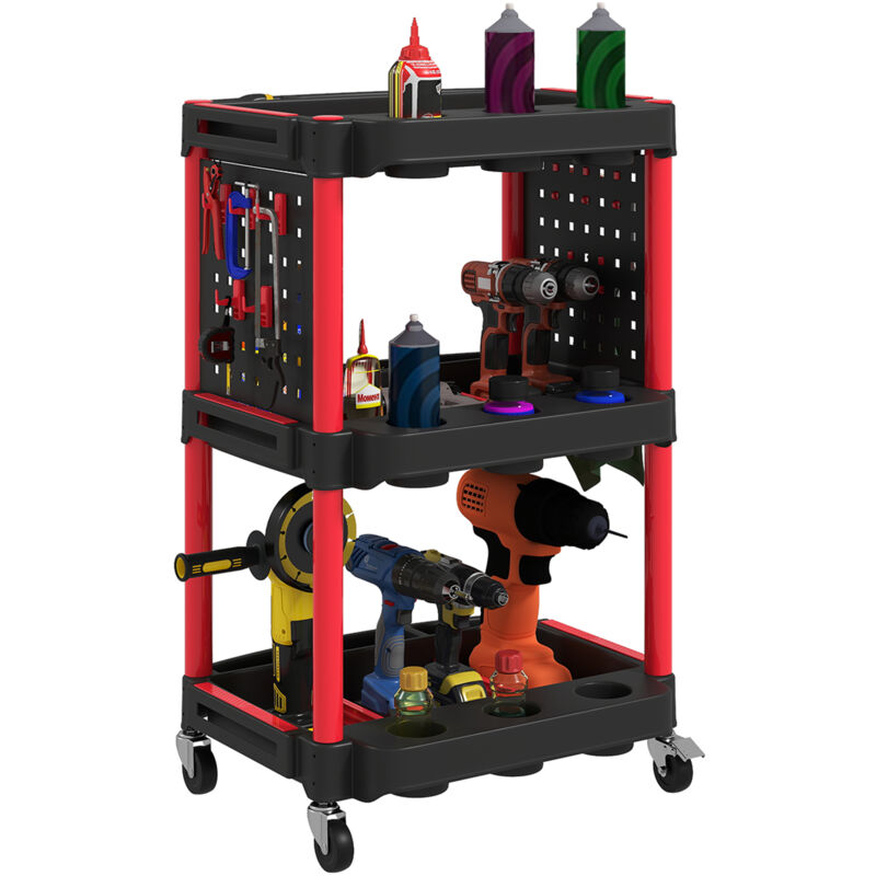 Servante chariot d'atelier multi-rangement 3 niveaux 2 panneaux perforés crochets rouge noir