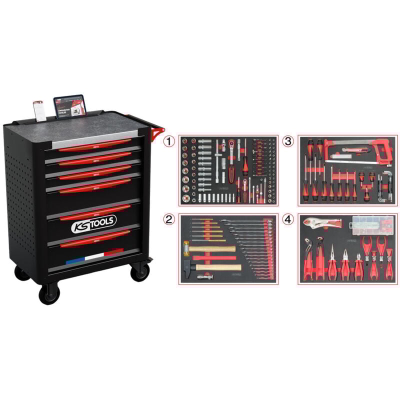 Ks Tools - Servante d'atelier 6 tiroirs fabriquée en France, équipée de 265 outils - 824.6536F