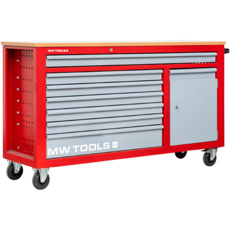 Servante d'atelier 7 tiroirs + 1 armoire rouge et grise XXL 1640 mm avec plan de travail stratifié MW Tools GW307K