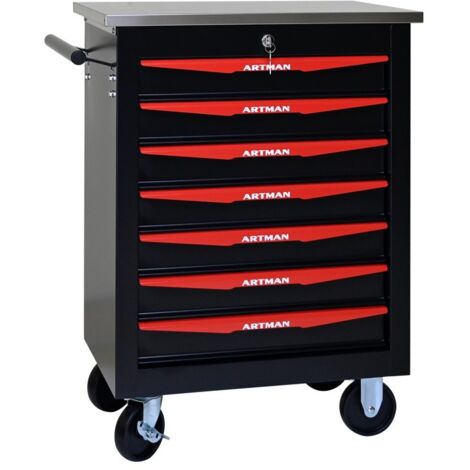 Servante d'Atelier à Roulettes - L62,5xH78xP34,5 cm - 7 Tiroirs Coulissants & Verrouillables - Acier Robuste - Noir & Rouge