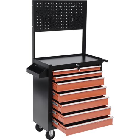 Servante d’atelier avec cassettiera pour outils, chariot de rangement en acier, 61,5 x 33 x 76 cm, noir et orange
