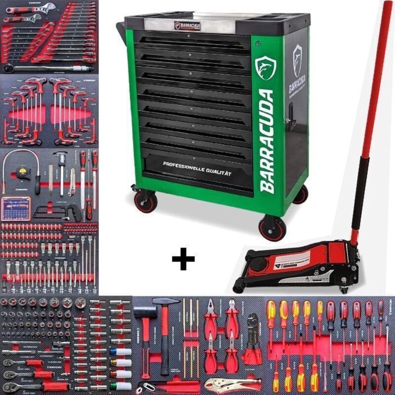 Servante d'atelier - BARRACUDA TOOLS - Rock PRO+ - 8 tiroirs - Cric hydraulique 4T - Acier vert