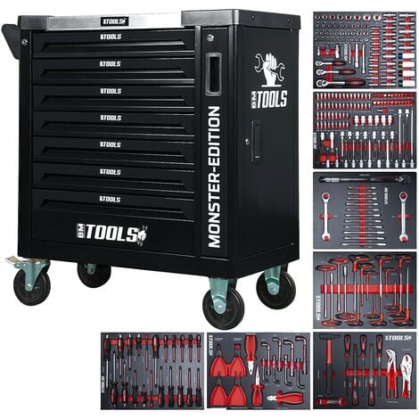 Servante d'atelier BM TOOLS 9/7 MONSTER-EDITION-BLACK 7 tiroirs pleins, 1 porte & 1 tiroir vertical - 257 outils - Sur roulettes