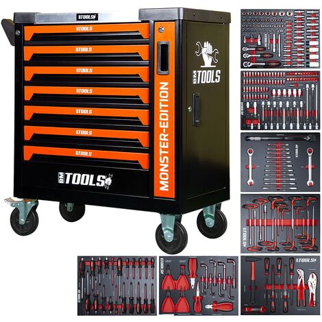 Servante d'atelier BM TOOLS 9/7 MONSTER-EDITION-ORANGE 7 tiroirs pleins, 1 porte & 1 tiroir vertical - 257 outils, Sur roulettes
