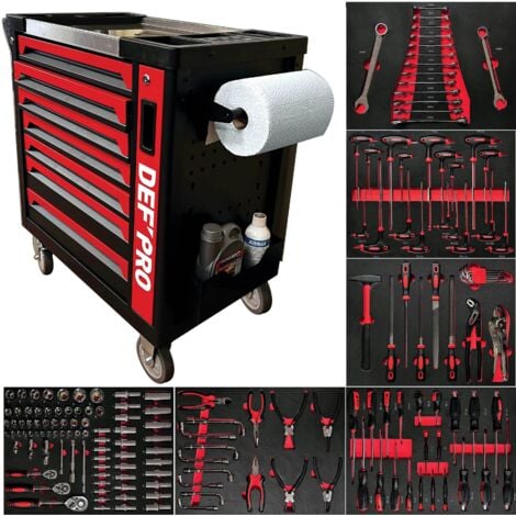 Servante d'atelier - Pleine (201 outils) - 8 tiroirs - DEFPRO - Acier - Rouge