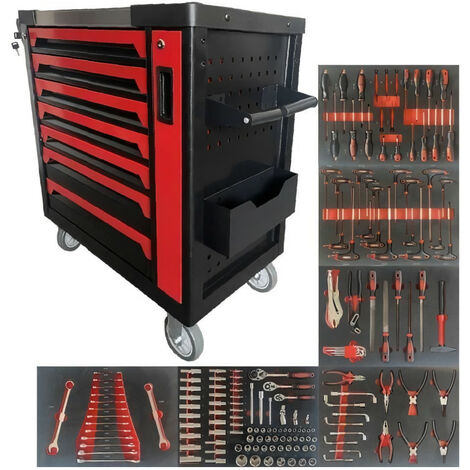 Servante d'atelier - Pleine (166outils) - 7 tiroirs - DEFPRO - Acier - Rouge