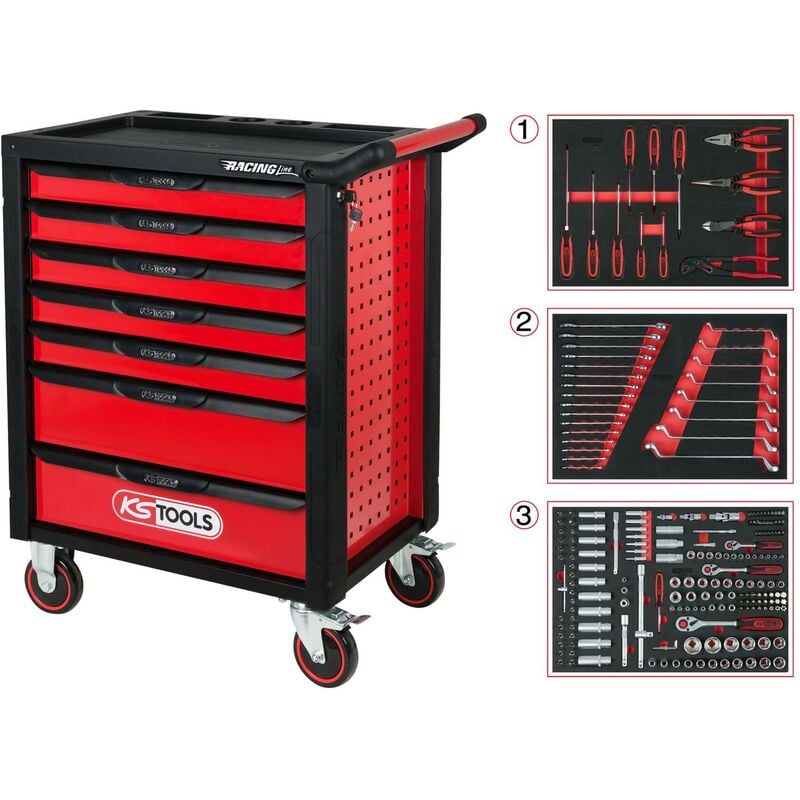Kstools - RACINGline Servante d'atelier noir/rouge avec 7 tiroirs et 215 outils d'excellente qualité