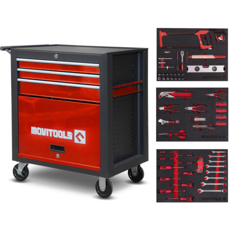 Servante d'atelier roulante 3 tiroirs – Acier renforcé – Charge maximale 150 kg – Dimensions 740x460x775 mm – 101 accessoires inclus – Movitools
