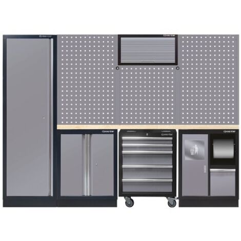 Mobilier d'atelier 3 meubles bas gris – Armoire d'atelier avec 1 porte et 2 portes – Plan de travail en bois – Panneaux perforés inclus – King Tony