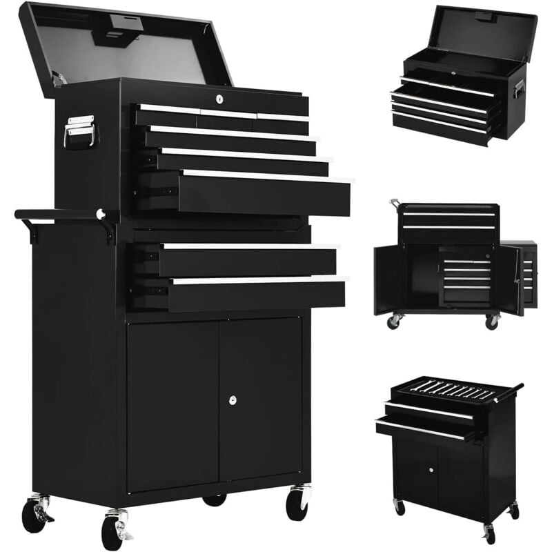 Lunsy - Servante, roulante -Servante d'Atelier à Outils 8 Tiroirs Chariot d'Atelier Compartiment Amovible Etagère Réglable Planche à Outils Roues