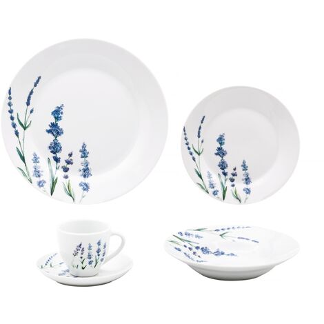 Service 30 pièces en porcelaine blanche – Assiettes plates 27 cm, creuses 20 cm, à dessert 19 cm – Décor lavande – Compatible lave-vaisselle et micro-onde – Trend