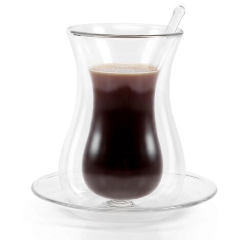 Service à café avec tasse, soucoupe et cuillère en verre, double verre pour une conservation optimale de la chaleur.