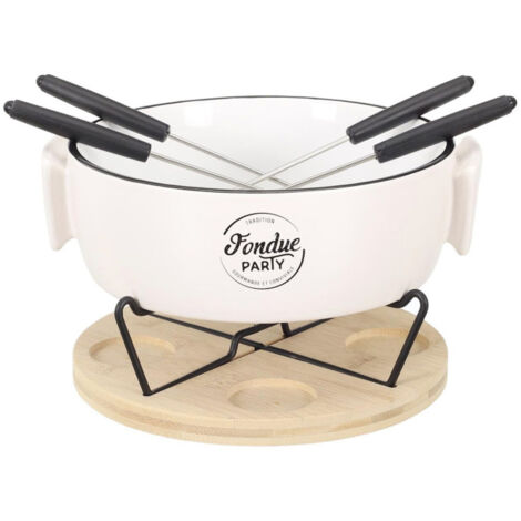 Service à Fondue "Chauffe-Plat & 4 Piques" 23cm Blanc