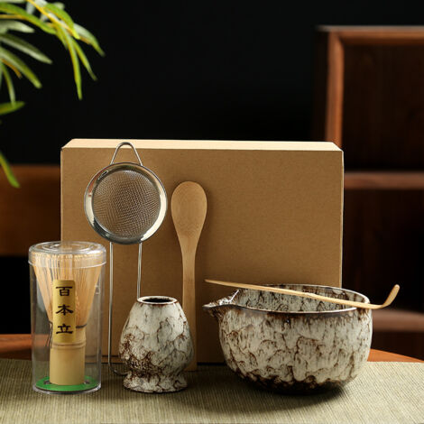 Service à matcha 6 pièces – bol blanc cuit au four – kit de cérémonie du thé