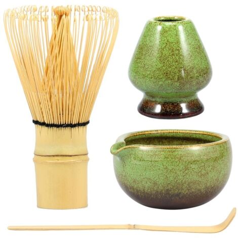 Service à thé 4 pièces, kit Matcha avec bol en céramique multicolore, support et cuillère en bambou, ensemble décoratif .