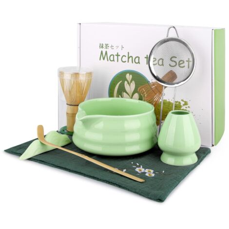 Service à thé Matcha – Un service à matcha japonais comprenant un bol en céramique, une cuillère et une soucoupe, une passoire et un torchon – un cadeau parfait pour les amateurs de matcha.