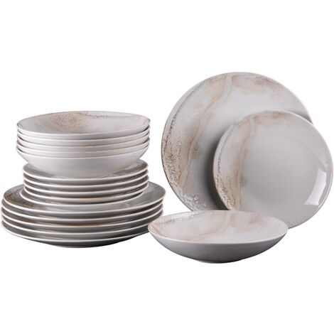 Service d'assiettes 18 pièces en grès Mojave – 6 assiettes plates 27 cm, 6 assiettes creuses 22 cm, 6 assiettes à dessert 21 cm – Couleur beige – Table Passion