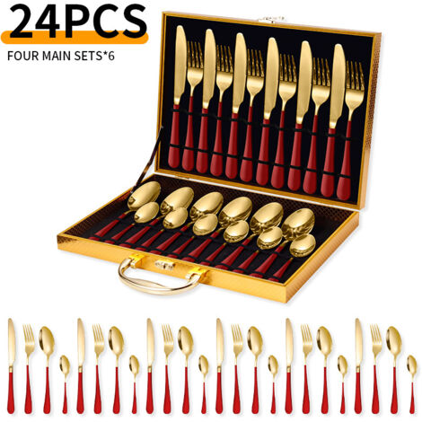 Service de 24 couverts en acier inoxydable – pour 6 personnes – avec coffret – acier inoxydable – rouge/or