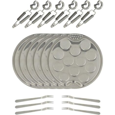 Service de couverts Escargots - 18 pièces - 6 assiettes (19 cm de diamètre), chaque assiette pouvant contenir 12 escargots + 6 pinces + 6 fourchettes escargots