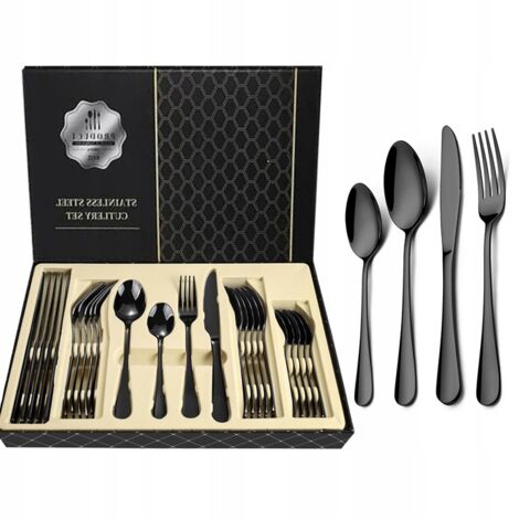 Service de couverts noirs 24 pièces pour 6 personnes, compatible lave-vaisselle