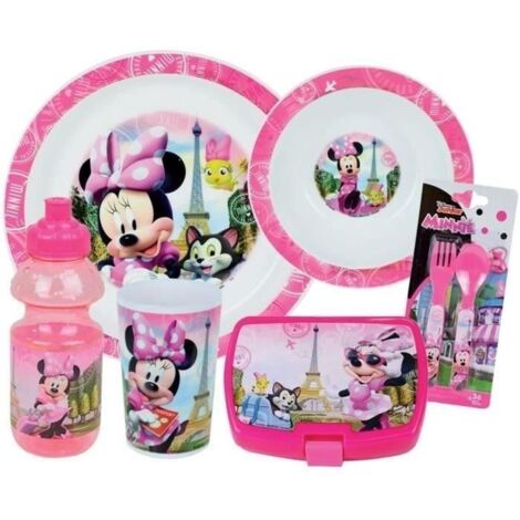 Service de table Disney Minnie - FUN HOUSE - 006377 - Verre, assiette creuse, assiette plate, gourde, boîte à goûter et couverts