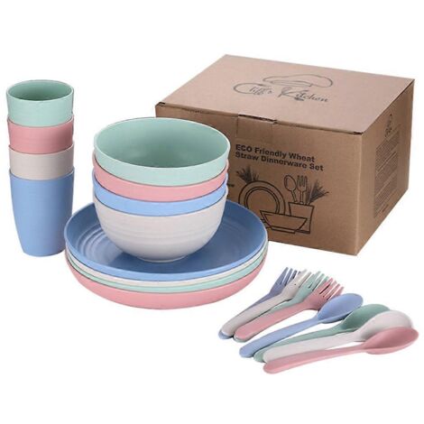 Service de table en paille de blé de 20 pièces comprenant bols, tasses, assiettes, cuillères et fourchettes pour la maison, la cuisine, le camping et les pique-niques.