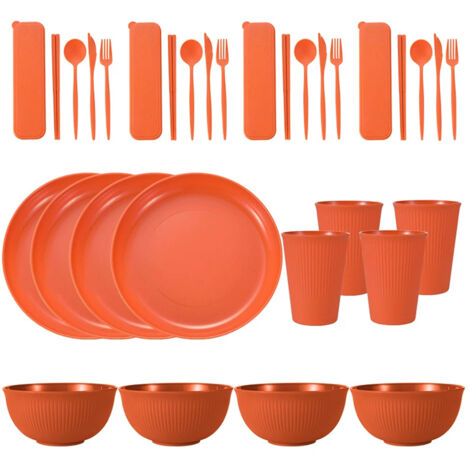 Service de table portable en paille de blé (bols, assiettes et tasses), couteau, fourchette, cuillère et baguettes portugaises. Ensemble de 36 pièces.