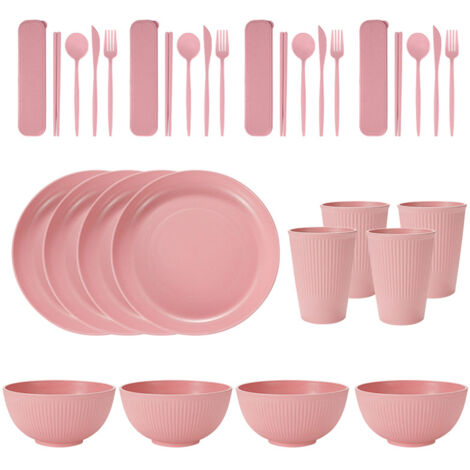 Service de table portable en paille de blé (bols, assiettes et tasses), couteau, fourchette, cuillère et baguettes portugaises. Ensemble de 36 pièces.